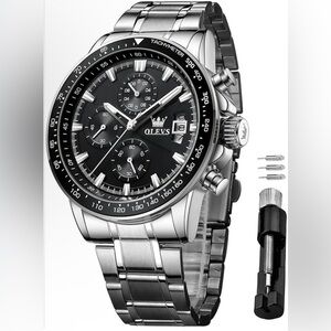 NWT OLEVS Silver and Black Men's Waterproof Stainless Steel Chronograph Watch